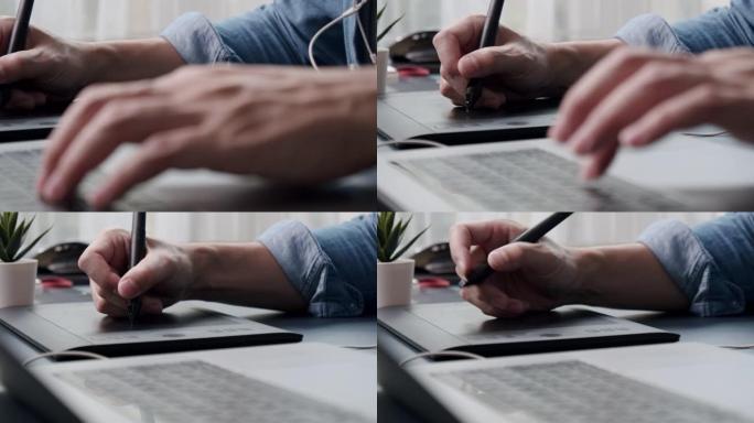 特写镜头亚洲年轻人平面设计师在家庭办公室用平板电脑在笔记本电脑上润饰照片。在家做生意。远程概念。cl