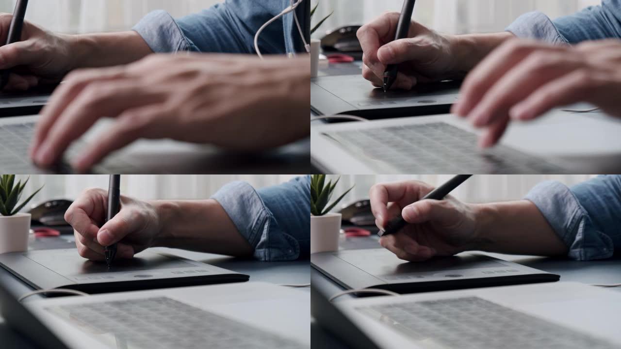 特写镜头亚洲年轻人平面设计师在家庭办公室用平板电脑在笔记本电脑上润饰照片。在家做生意。远程概念。cl