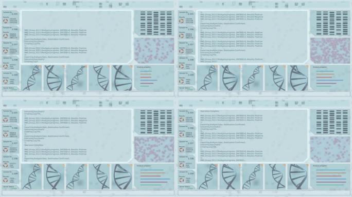 DNA样品分析软件模拟加载结果在数字显微镜下的培养皿中复制红色生物病毒模式。计算机显示器和笔记本电脑