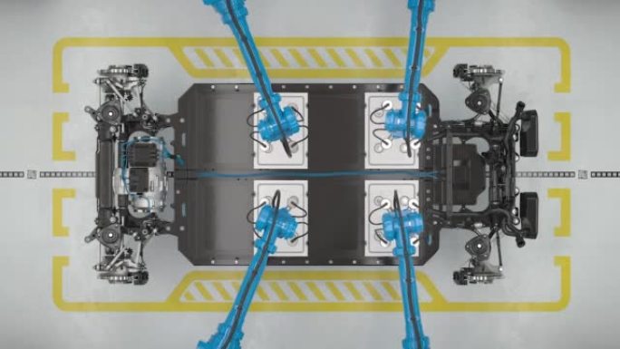 组装电动汽车电池模块的机器人的俯视图