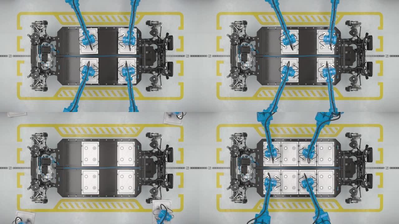 组装电动汽车电池模块的机器人的俯视图