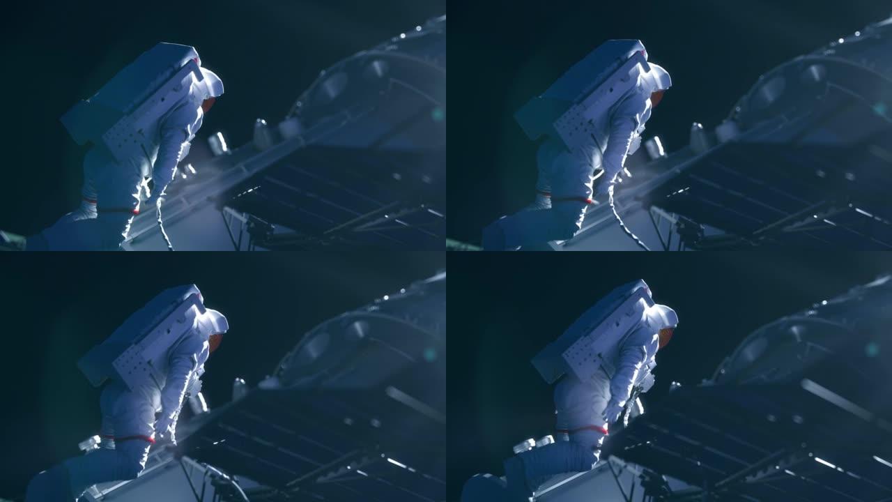 穿着白色spcesuit的太空人在美丽的灯光下与太空中的飞船一起工作