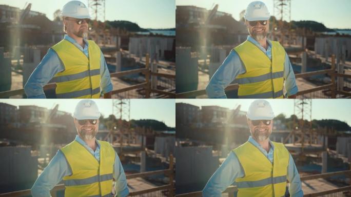在阳光明媚的晴天，成功的大胡子土木工程师-戴墨镜的建筑师在建筑工地的镜头前微笑。男人戴着安全帽，衬衫