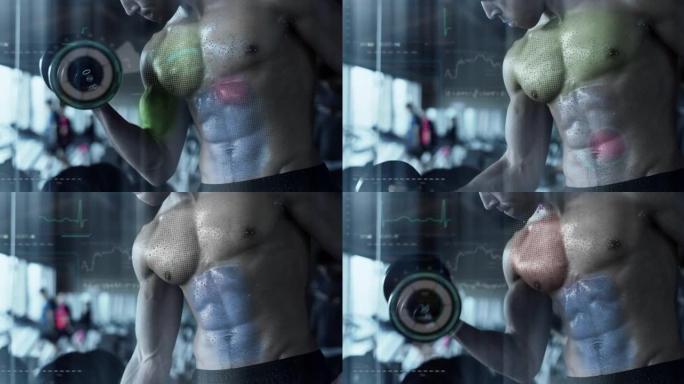 运动男子在健身房用最新创新技术增强现实全息图用哑铃锻炼二头肌肌肉的电影镜头。运动、健身、沉浸式技术的