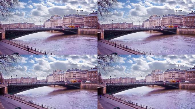 巴黎大景。桥。美丽的老建筑。云。