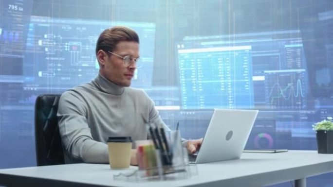 具有动画虚拟背景的办公室经理: 商人坐在笔记本电脑上的办公桌前。从事大数据金融分析工作的人。360度