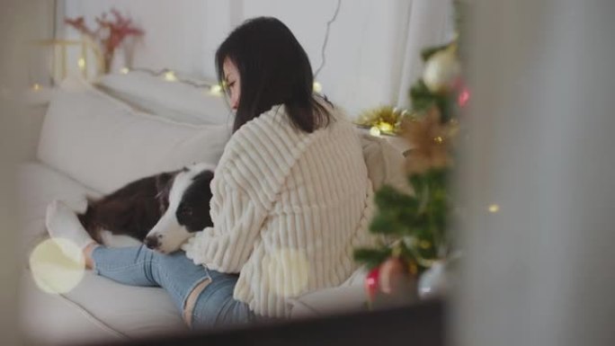 女人在家玩狗庆祝圣诞节和新年寒假