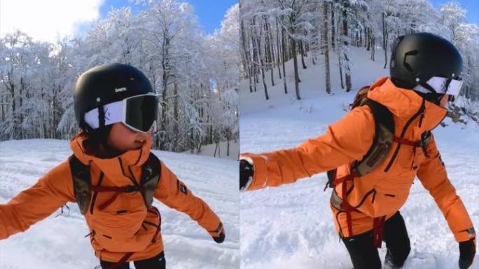 女滑雪者骑着粉雪下山