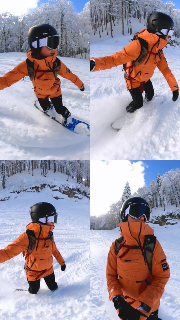 女滑雪者骑着粉雪下山