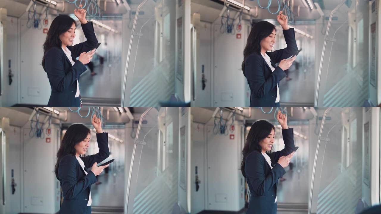 年轻女子在地铁上使用电话进行社交网络