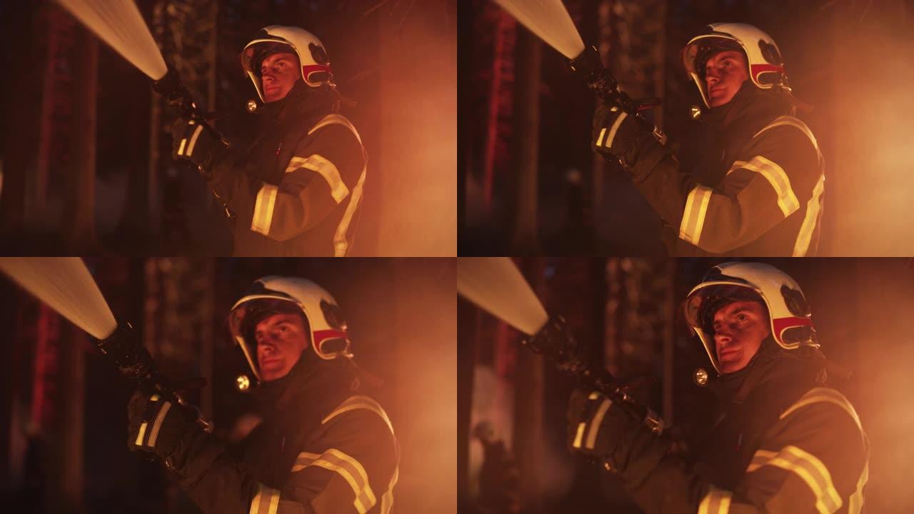 经验丰富的消防员扑灭森林深处的荒地大火。专业小队穿着安全制服和头盔，使用消防水带和设备与危险的野火作