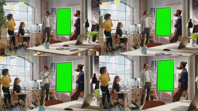 初级营销专家在创意办公室会议室进行团队演示。项目经理在绿屏模拟色度键显示上显示新的产品时间表。