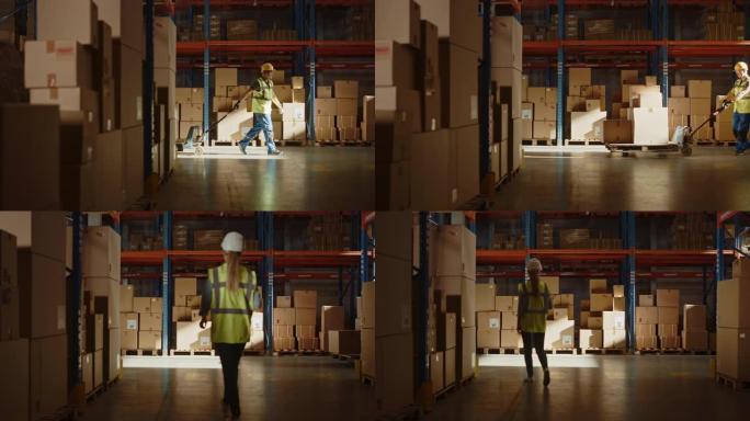 工人使用手动托盘车移动纸板箱，在零售仓库的成排货架之间行走。人们在产品配送物流中心工作。侧视图慢动作