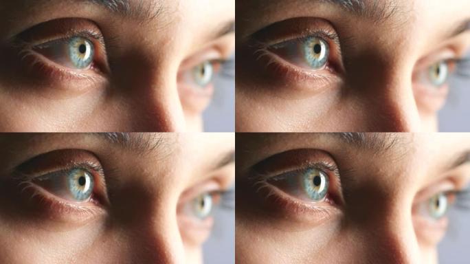 蓝眼睛，女人和视力与视网膜安全和信任网络安全在面部皮肤。用隐形眼镜放大眨眼动作、纹理和模型，思考人类