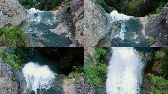 俯瞰古都瀑布壮丽美丽的清澈海水，通向南非夸祖鲁-纳塔德拉肯斯堡山脉下方的跳水池