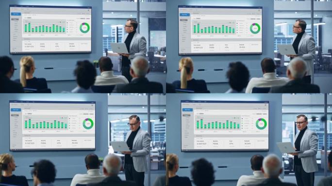 现代产品展示活动: 舞台上成功的高加索商人演讲者展示了电子商务初创公司的大数据统计，图表，收入增长信