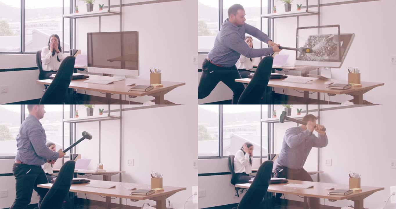 一名年轻商人在现代办公室用锤子摧毁计算机的4k视频片段