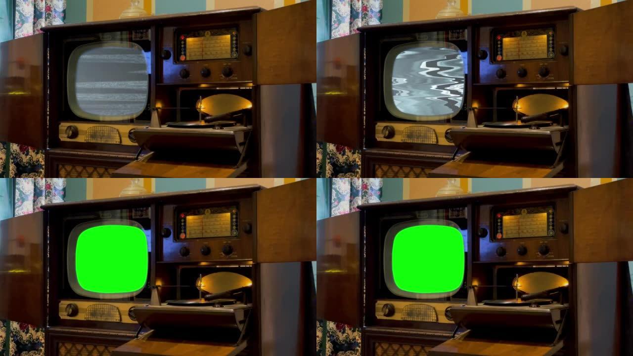 老式电视机打开带有静电噪声的绿色屏幕。特写。4k分辨率。