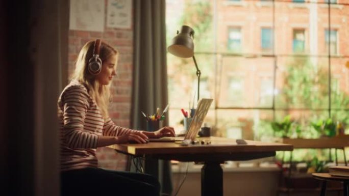 年轻女子戴着耳机收听教育播客，并在阳光明媚的阁楼公寓使用带有贴纸的笔记本电脑。创意设计师在键盘上打字