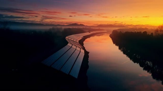 沿河安装的无人机太阳能电池板，在黄昏时拍摄