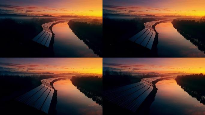 沿河安装的无人机太阳能电池板，在黄昏时拍摄
