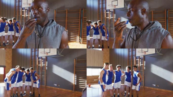 非裔美国男子篮球教练在背景下使用哨子