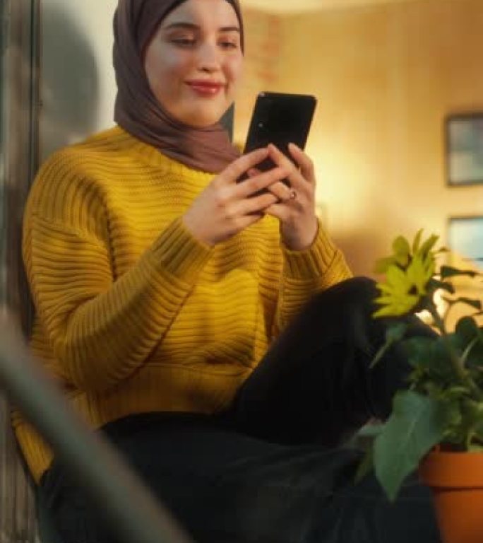 Vertical Screen: Arab Female in a Hijab Sitting on