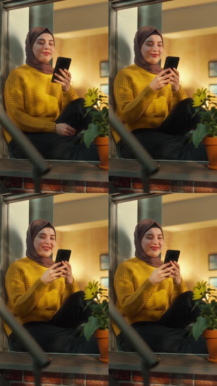 Vertical Screen: Arab Female in a Hijab Sitting on