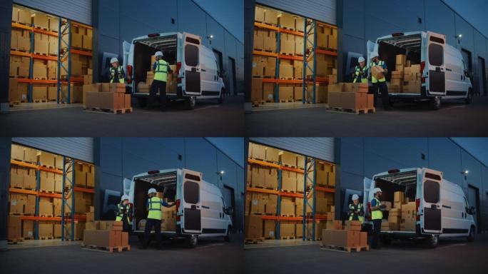 在物流配送仓库之外，库存经理使用平板电脑，与用纸板箱装载送货卡车的工人交谈。在线订单、采购、电子商务
