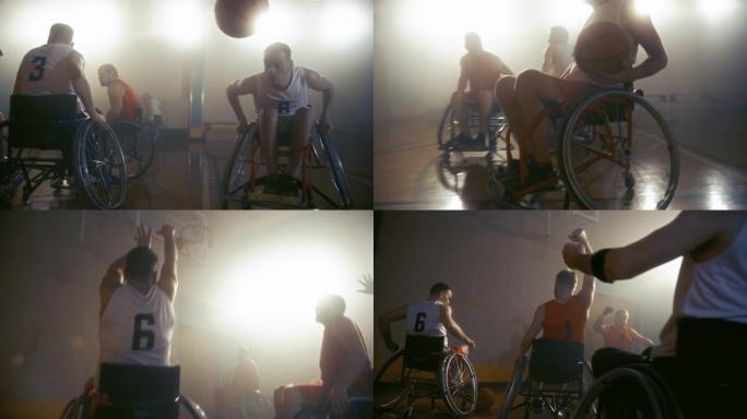 轮椅篮球比赛场地获胜队庆祝胜利，欢呼和击掌。玩家比赛，射击，得分得分。残疾人的决心、技能。慢动作镜头