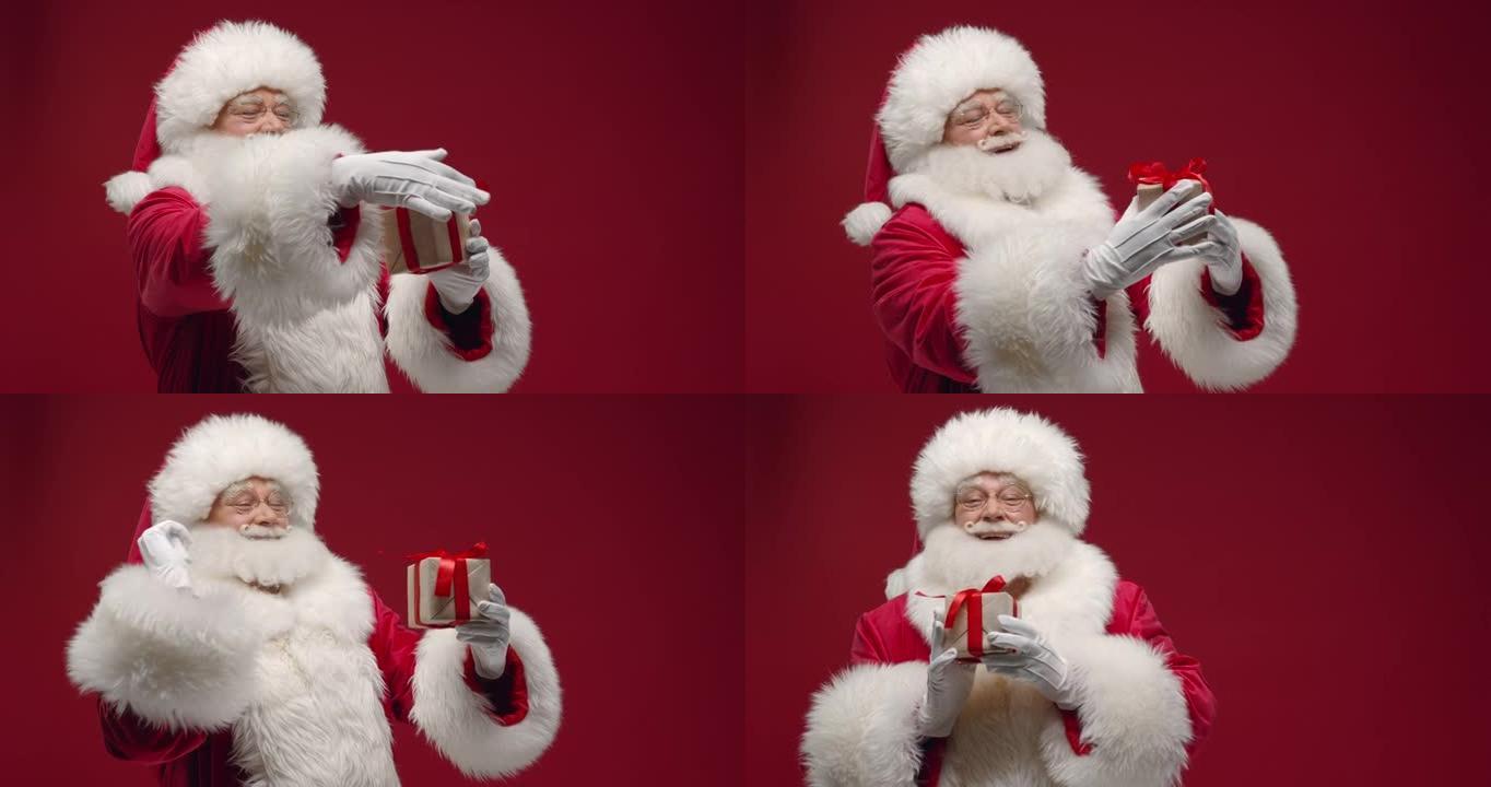 一位善良的圣诞老人向我们展示了一个可爱的小礼品盒，带着微笑，站在红色背景下，右边是复制品