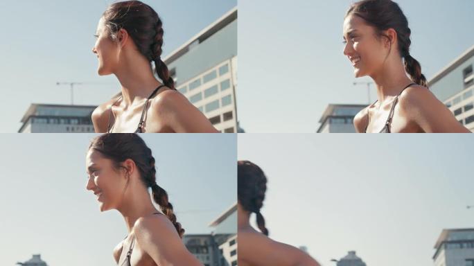 4k视频片段，一个美丽的年轻女子外出奔跑