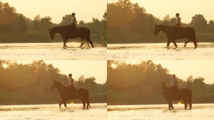 镜头耀斑: 女人在阳光明媚的夜晚过河时停下马。