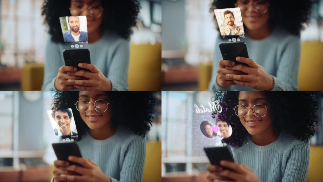增强现实约会概念: 真棒黑人女孩使用智能手机浏览社交媒体约会应用程序。可爱的年轻巴西女人在人工智能软