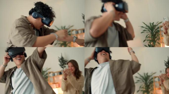 年轻男子穿着VR舞蹈，让女友拍摄视频。