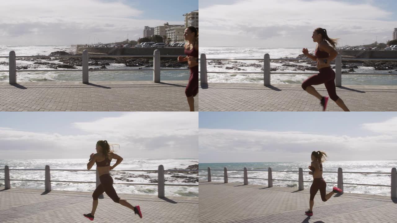 运动型高加索妇女在海边的长廊上锻炼