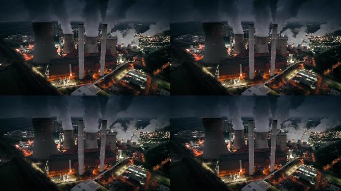 夜间褐煤发电厂-鸟瞰图