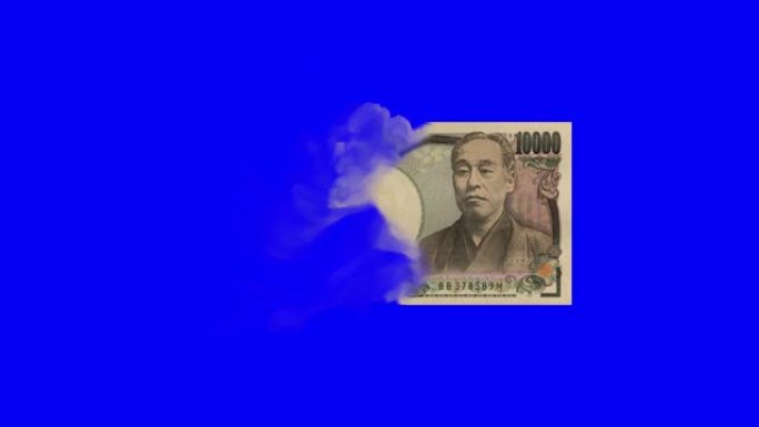 一万日元钞票在蓝屏上消失，色键动画，日本钞票在火焰中消失。金融危机，灾难，损失，衰退，失败，金融，税