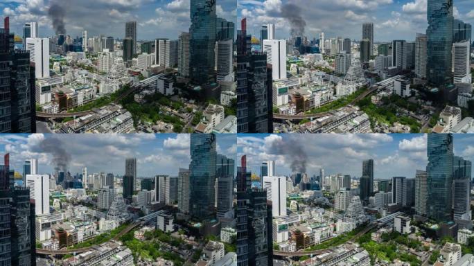 曼谷摩天大楼的时间流逝，带有BTS skytrain和火灾灾难烟雾