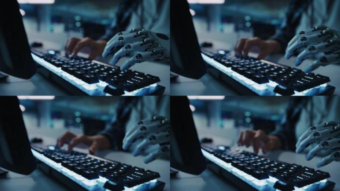 手特写: 残疾程序员使用假肢在计算机键盘上工作。快速自然地使用肌电仿生手进行电子商务软件项目的打字。