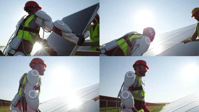 男性技术人员在晴天安装太阳能电池