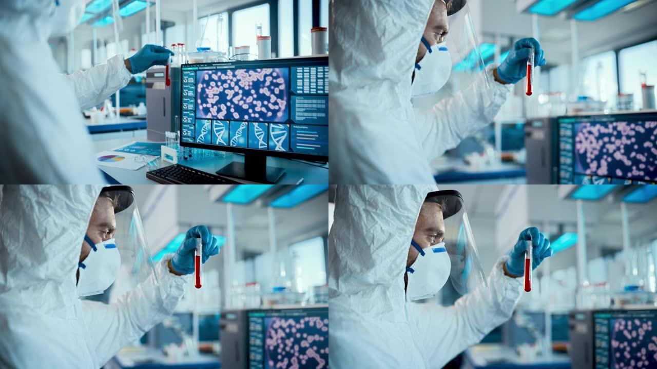 微生物学实验室: 穿着无菌工作服，面罩和口罩的科学家致力于计算机开发疫苗，药物，抗生素用血液样本拾取