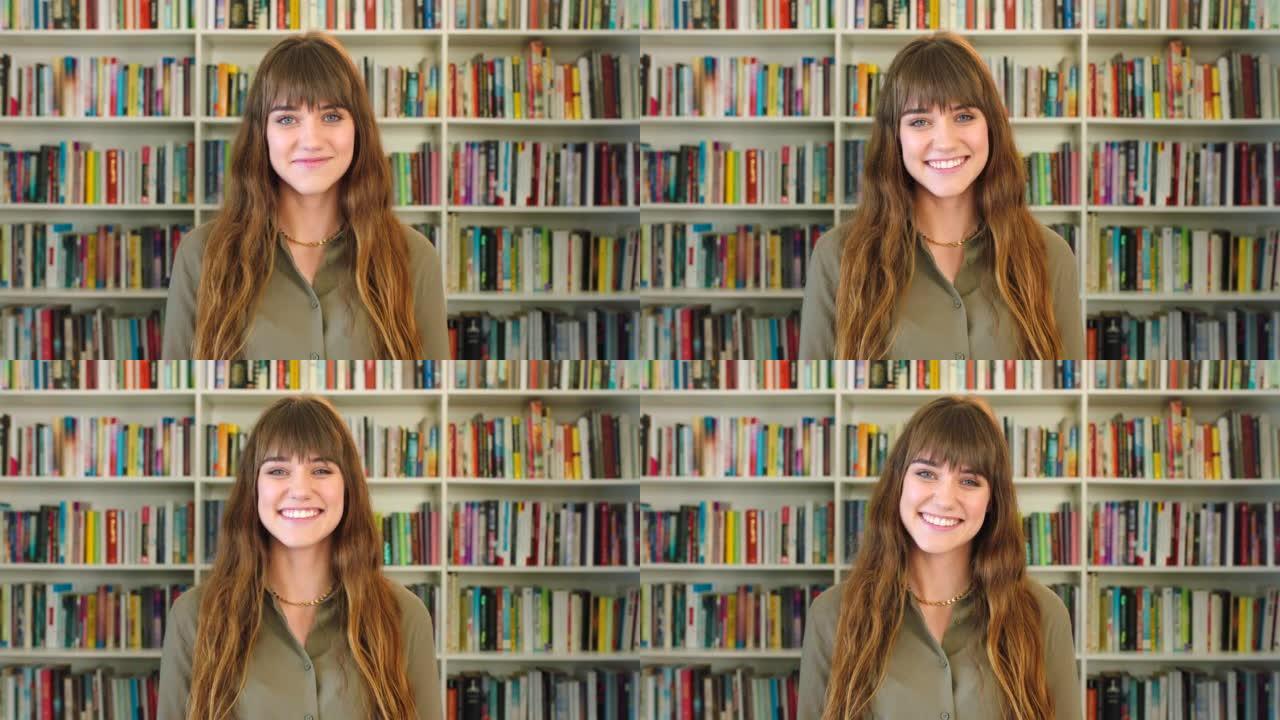 学校图书馆里的学生，美丽而微笑。一个快乐的年轻女子的肖像，牙齿完美，在书店里看书。年轻友好的图书馆员