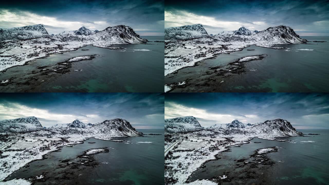 罗弗滕群岛海岸线-挪威冬季-空中射击