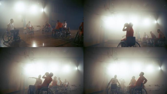 轮椅篮球比赛: 职业球员比赛，运球，传球，射门成功，打进完美进球。残疾人的决心、技能。慢动作