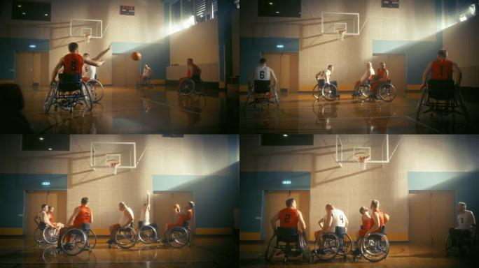 轮椅篮球比赛: 职业球员积极竞争，运球，传球，投篮，失球。残疾人的决心和技能