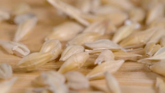 宏观: 干小麦种子散落在木制厨房台面上 ..