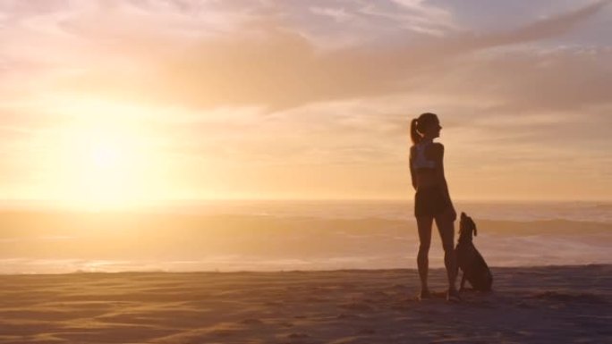 一只雌性和她的狗玩耍，在日出时用copyspace在海滩上扔球。年轻女子在早晨日出时与宠物动物一起在