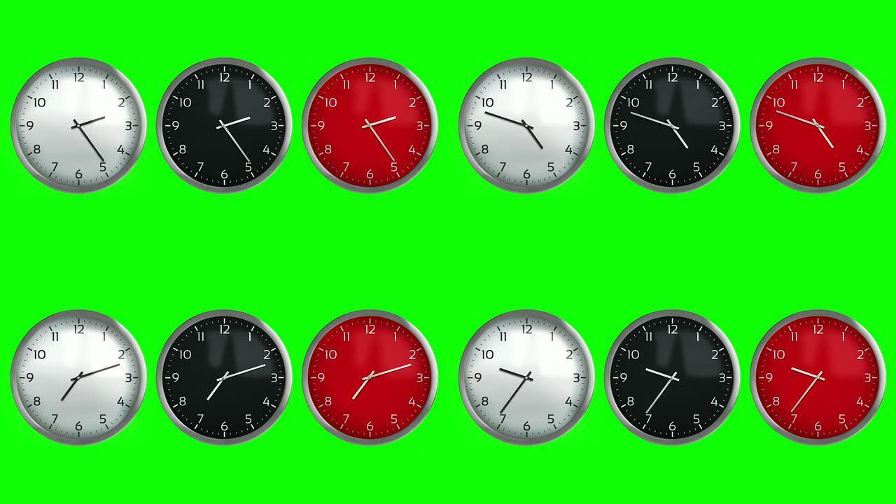 经典挂钟。可循环。白色、黑色和红色。