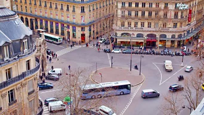 巴黎街。巴士。车。行人。购物中心区